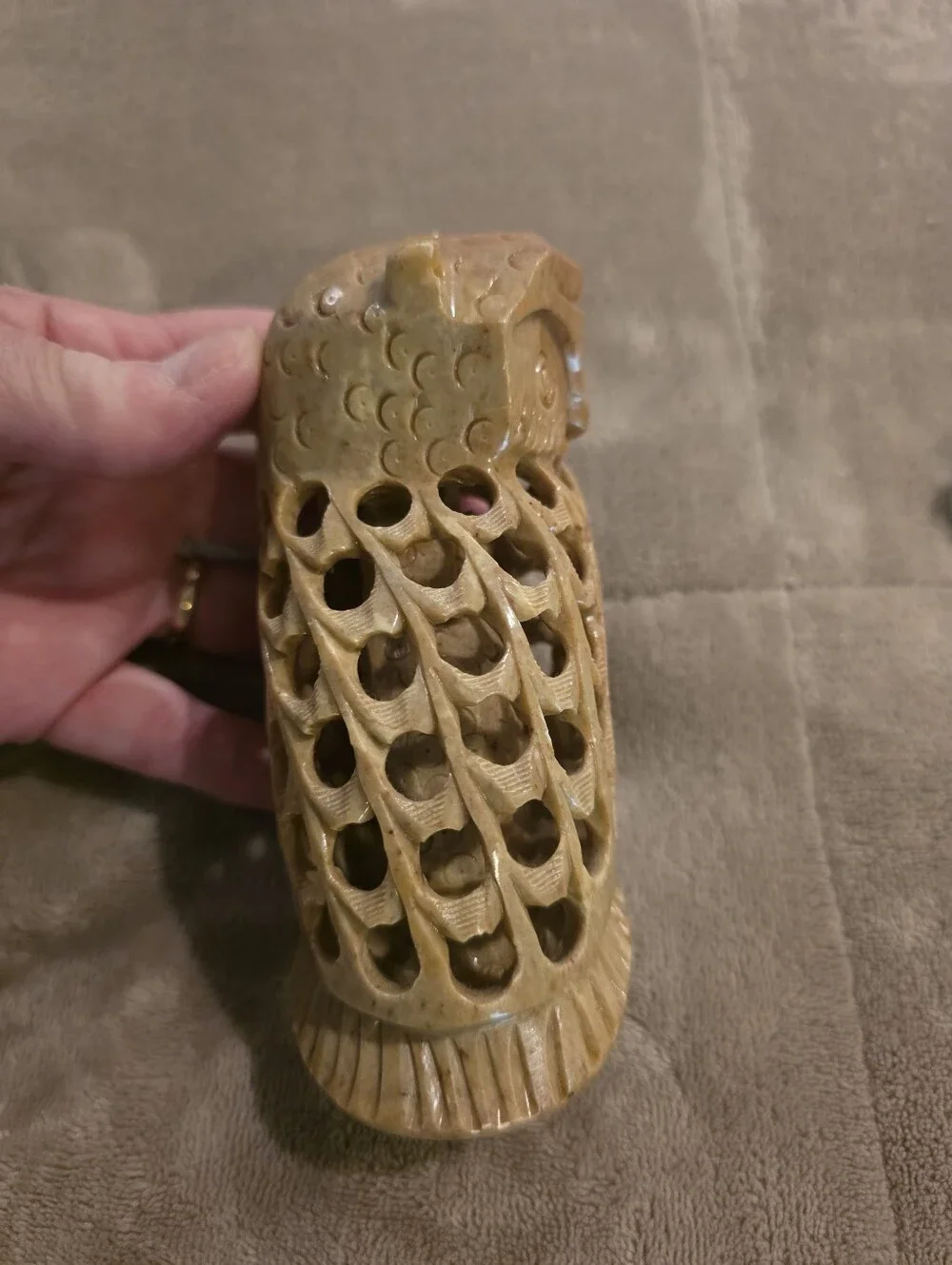 Hand Carved Owl Figurine - Honey Brown Stone
